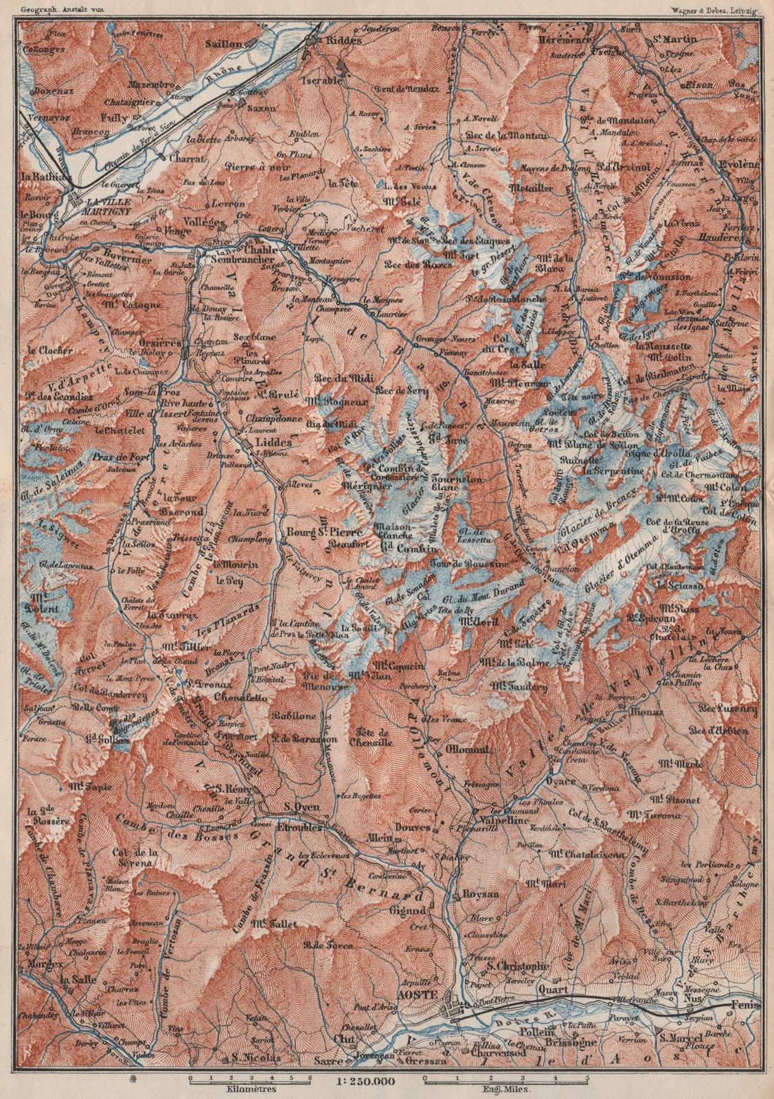 GRAND ST BERNARD AREA. Martigny-Aosta. Verbier Liddes Valais Topo-map 1897